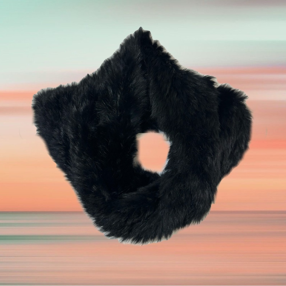 Black Woven Rabbit Fur Circle Scarf – Adjustable Elastic Infinity Fur Collar
